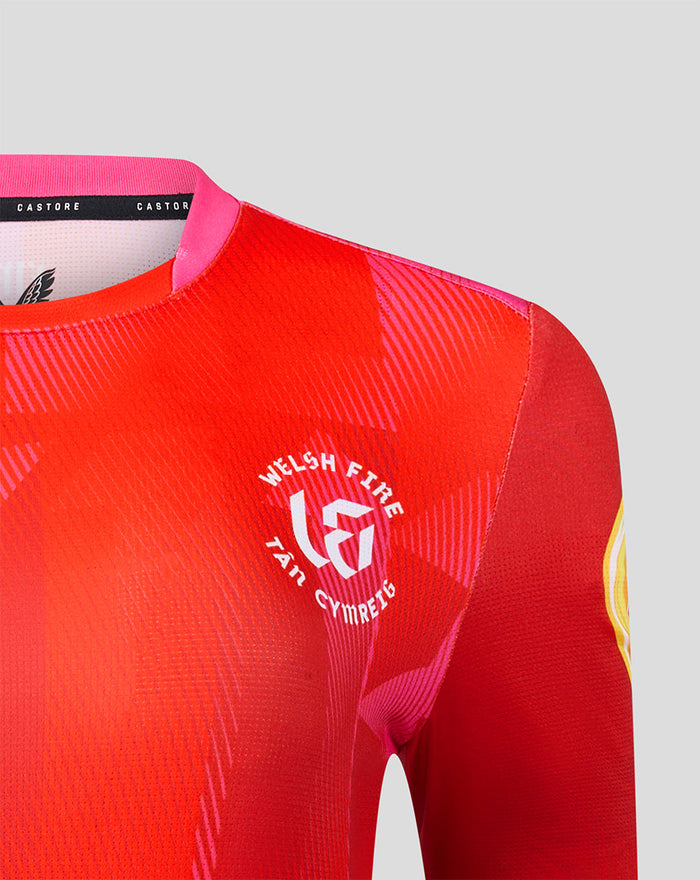 Red Welsh Fire women's 2026 short sleeve stretch jersey close up with crest logos and pink collar detail