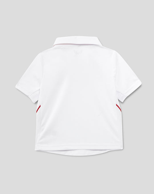 Back view of infant white short sleeve England Test shirt with subtle red trim at sides.
