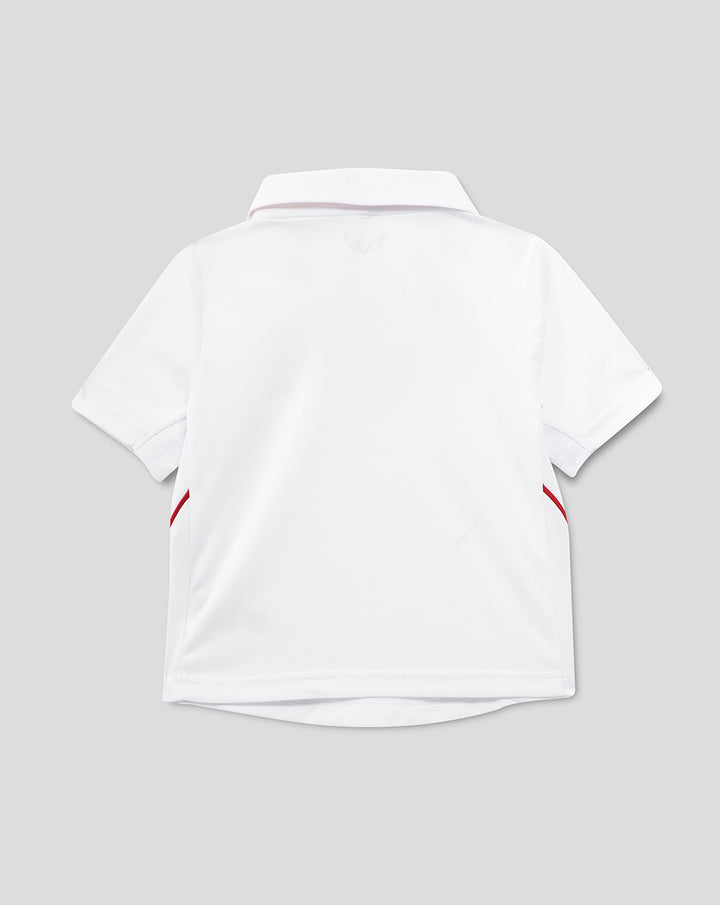 Back view of infant white short sleeve England Test shirt with subtle red trim at sides.