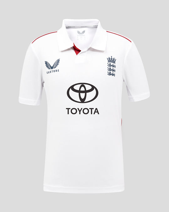 White junior short sleeve replica shirt with large Toyota logo center front and England crest on the chest; red shoulder piping.