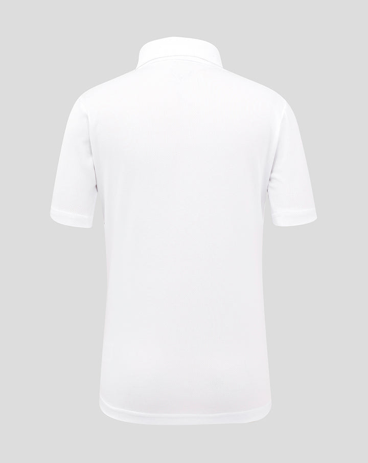 Back view of white junior short sleeve replica shirt with polo collar and textured fabric.
