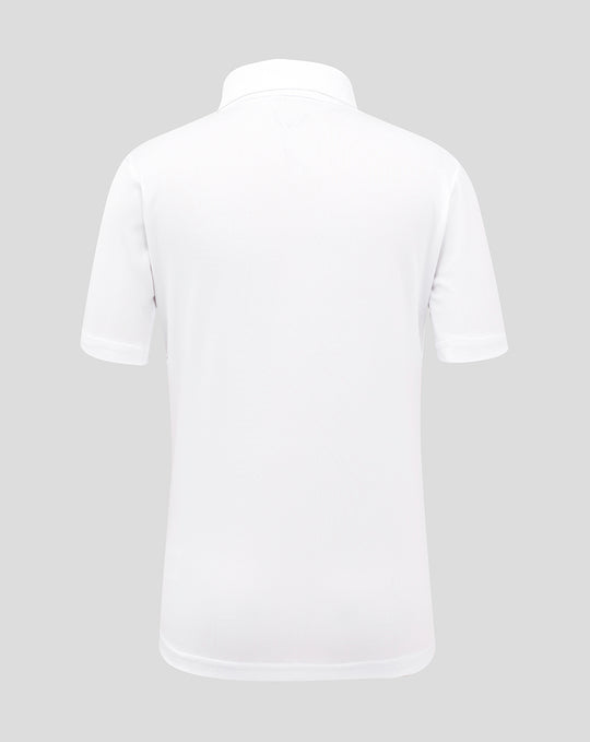 Back view of white England Test short sleeve cricket shirt with collar and clean minimal design