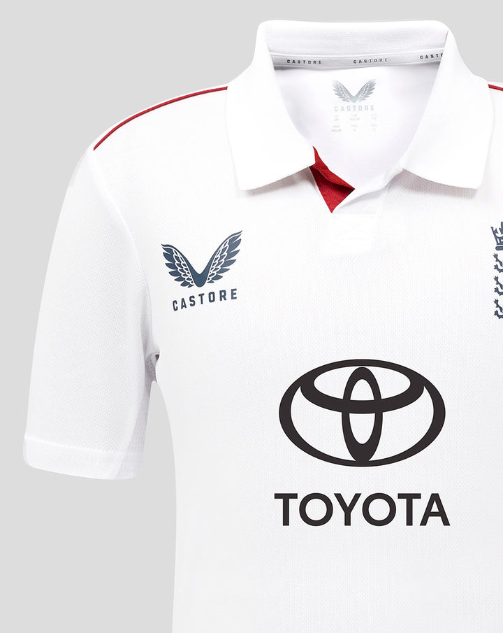 Front view of white England Test short sleeve cricket shirt with Toyota sponsor and Castore branding