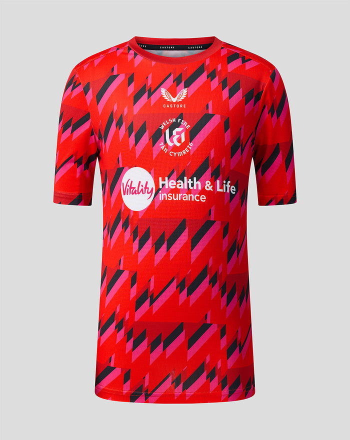 Junior red training T shirt with all over geometric print Welsh Fire crest and sponsor logos