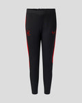 Front view of black slim fit pants with red side panels and Welsh Fire branding on the thigh