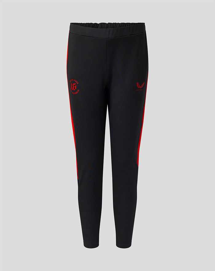 Front view of black slim fit pants with red side panels and Welsh Fire branding on the thigh