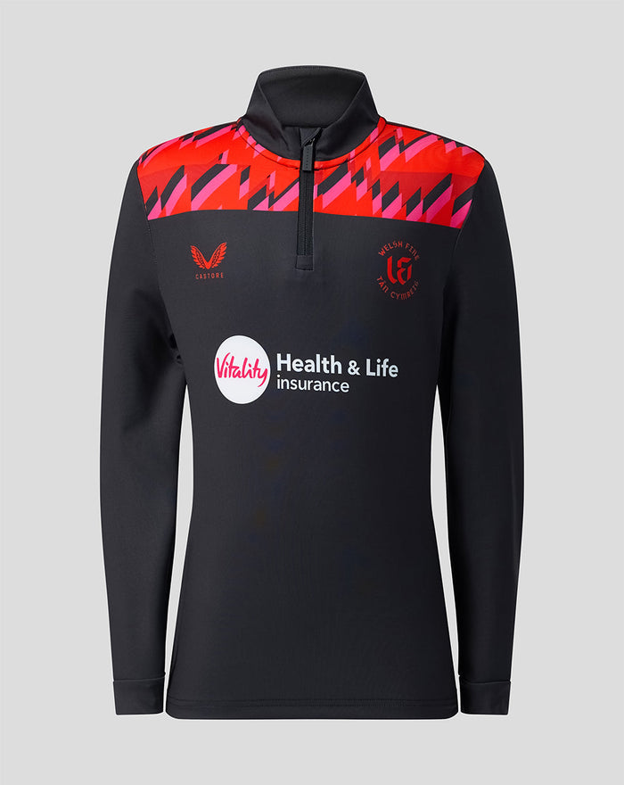 Junior Welsh Fire 2026 performance quarter zip top in black with red graphic shoulder panels and branding