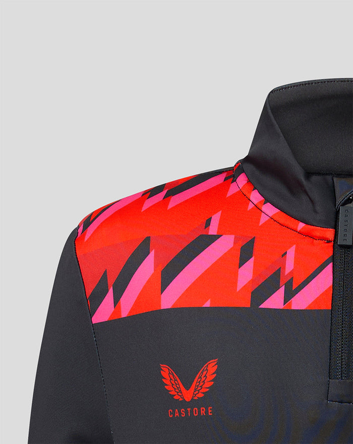 Close-up of Welsh Fire junior performance quarter-zip top showing bold red and pink geometric shoulder panels on dark fabric with Castore branding.
