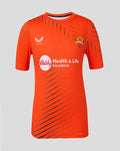 Front view of bright orange juniors Sunrisers Leeds training T shirt with black diagonal stripes and sponsor logos