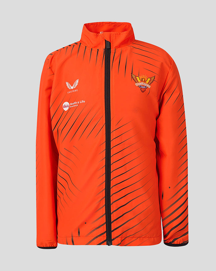 Juniors Sunrisers Leeds The Hundred Woven Pre Match Jacket bright orange with crest and sponsor logos