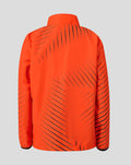 Back view of the orange Sunrisers Leeds The Hundred woven pre match jacket with diagonal black stripes