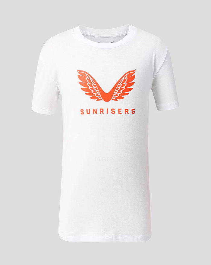 White juniors Sunrisers Leeds The Hundred Big Wings T Shirt with orange wing logo across chest