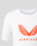 Close up of neck area with orange wing graphic on white juniors T shirt