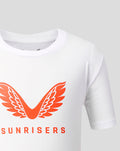 Front view of white juniors T shirt with bold orange wings logo and SUNRISERS text