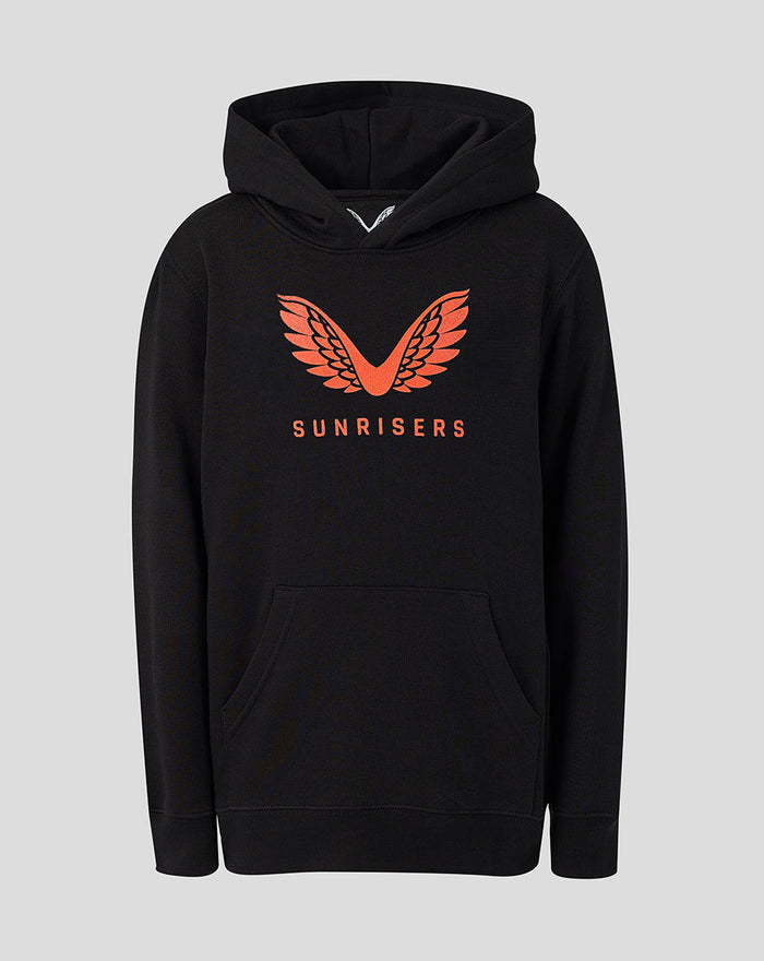 Front view of black Juniors Sunrisers Leeds hoodie with orange wing logo and SUNRISERS text.
