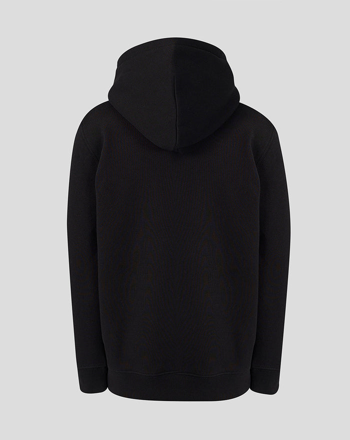 Back view of black Juniors Sunrisers Leeds hoodie with hood.