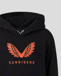 Close up of the front chest showing the orange wings logo and SUNRISERS text on a black hoodie.