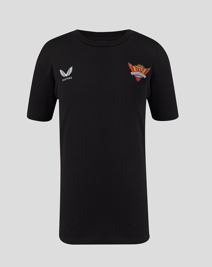 Front view of a black juniors T-shirt with Castore logo on left chest and Sunrisers Leeds crest on right chest