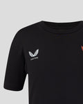 Close up of a black junior T shirt left chest with the white Castore wing logo
