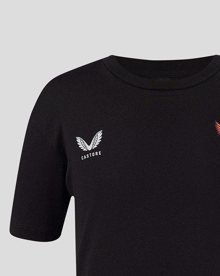 Close up of a black junior T shirt left chest with the white Castore wing logo