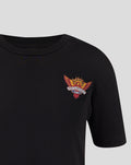 Front close up of a black junior T shirt with the Sunrisers Leeds Small Wings crest on the left chest