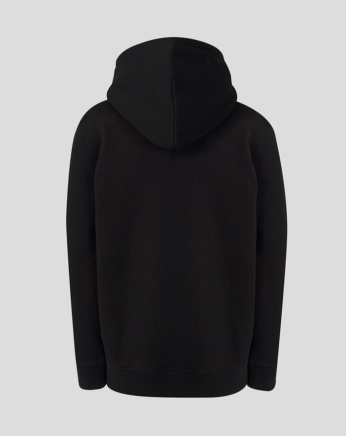 Back view of black Sunrisers Leeds hoodie with hood up