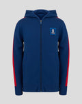 Junior navy full zip hoodie with red side stripes and England Cricket crest on the left chest.