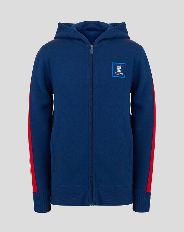 Junior navy full zip hoodie with red side stripes and England Cricket crest on the left chest.