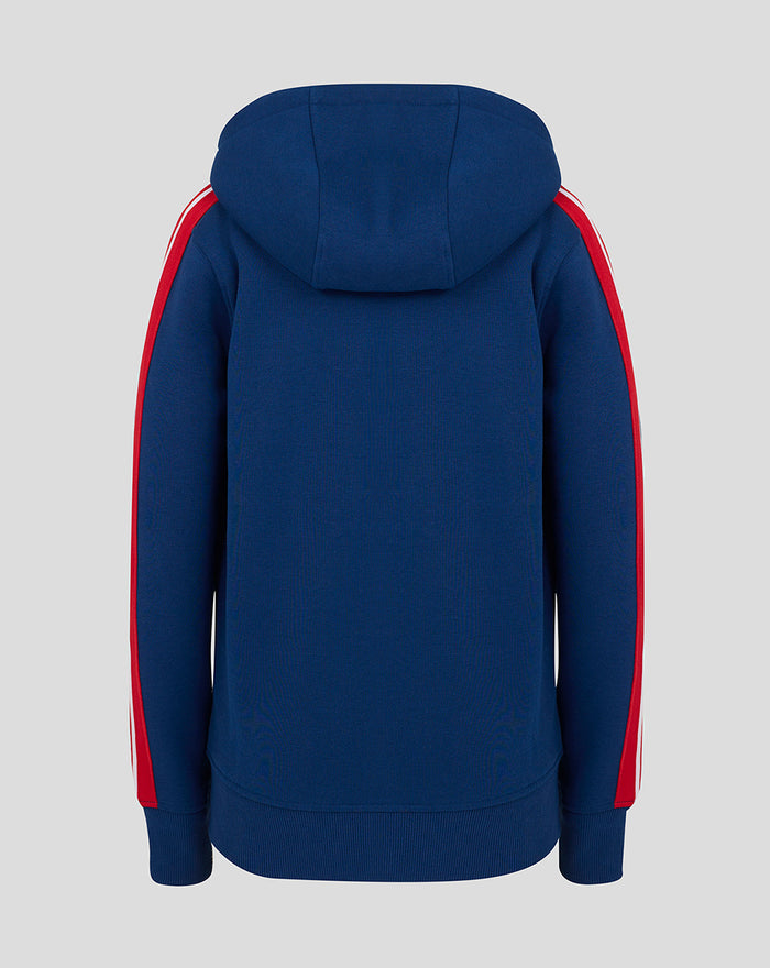 Back view of navy Junior 24/25 Classic Full Zip Hoodie with red stripes along the sleeves.