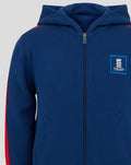Close up of navy hoodie front with zipper and England Cricket crest patch on the left chest.