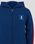 Detail of navy hoodie with zip hood and England Cricket crest on the left chest.
