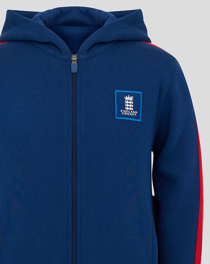 Detail of navy hoodie with zip hood and England Cricket crest on the left chest.