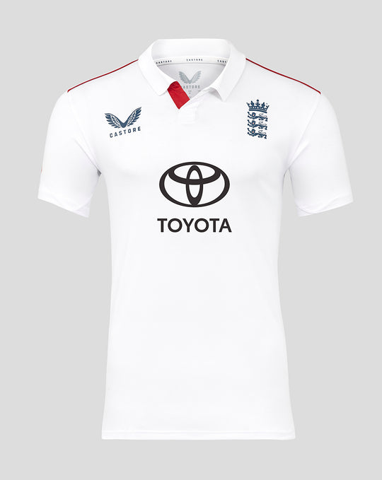 Front view of white rugby polo with Toyota logo center, Castore on left chest and England crest on right, red shoulder piping.