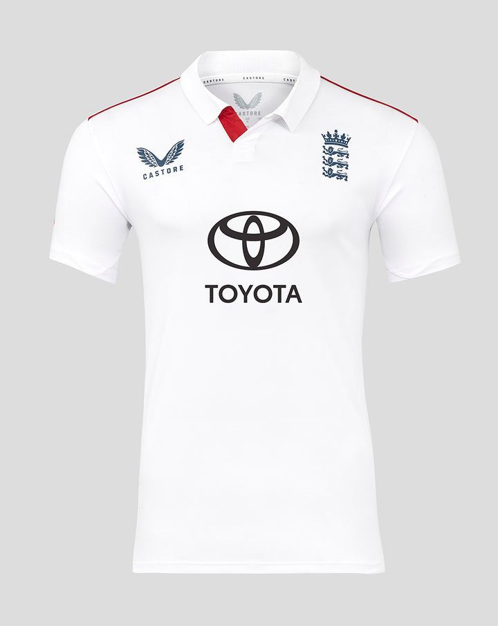 Front view of white rugby polo with Toyota logo center, Castore on left chest and England crest on right, red shoulder piping.