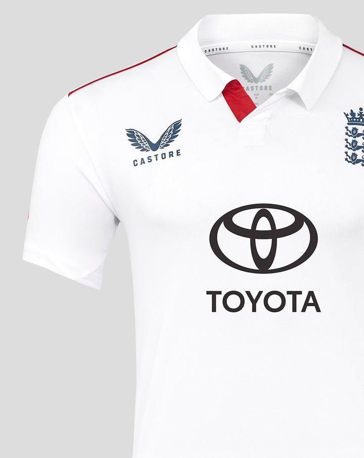 White England test shirt close up with Castore logo on the chest and Toyota sponsor on the front
