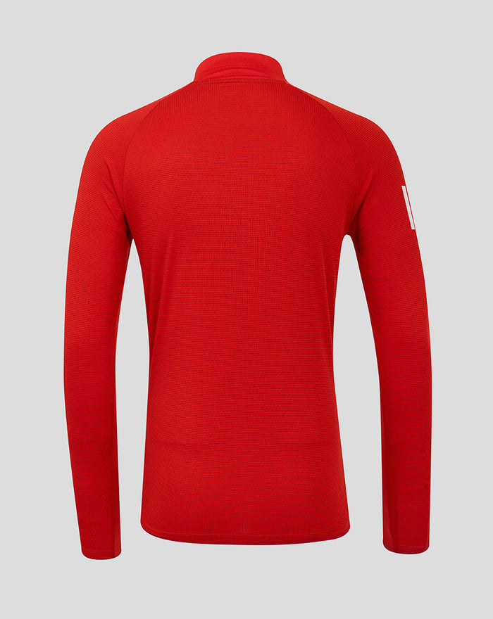 Back view of red long sleeve T20 Pro cricket shirt with textured fabric and clean finish