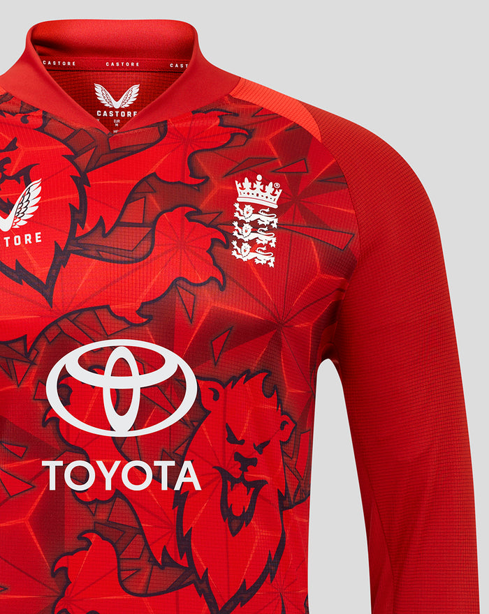 Chest view of red T20 Pro shirt featuring Three Lions crest and Toyota sponsor logo