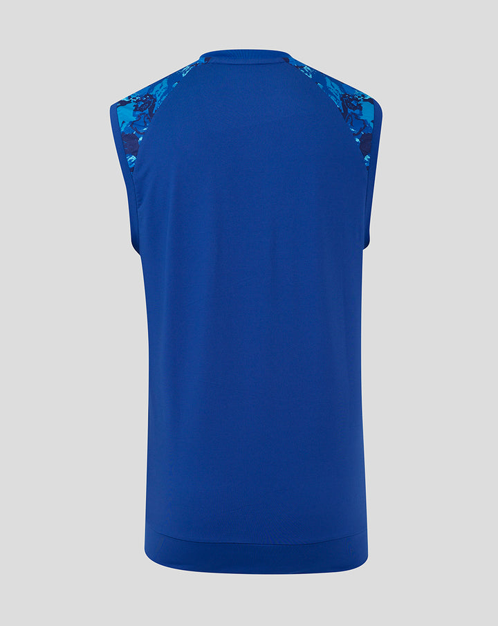 Rear view of a royal blue knitted sleeveless cricket vest with blue camouflage shoulder panels.