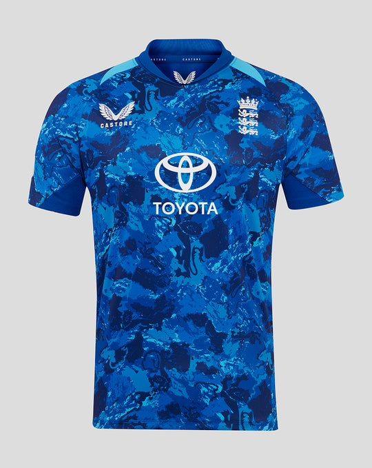 England ODI short sleeve shirt in blue camouflage with Toyota logo and crest.