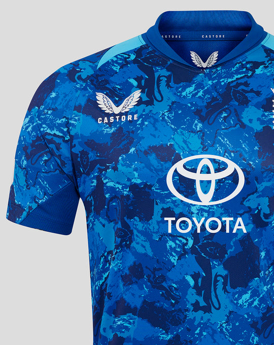 Front view of blue camouflage jersey with Toyota logo and Castore branding.