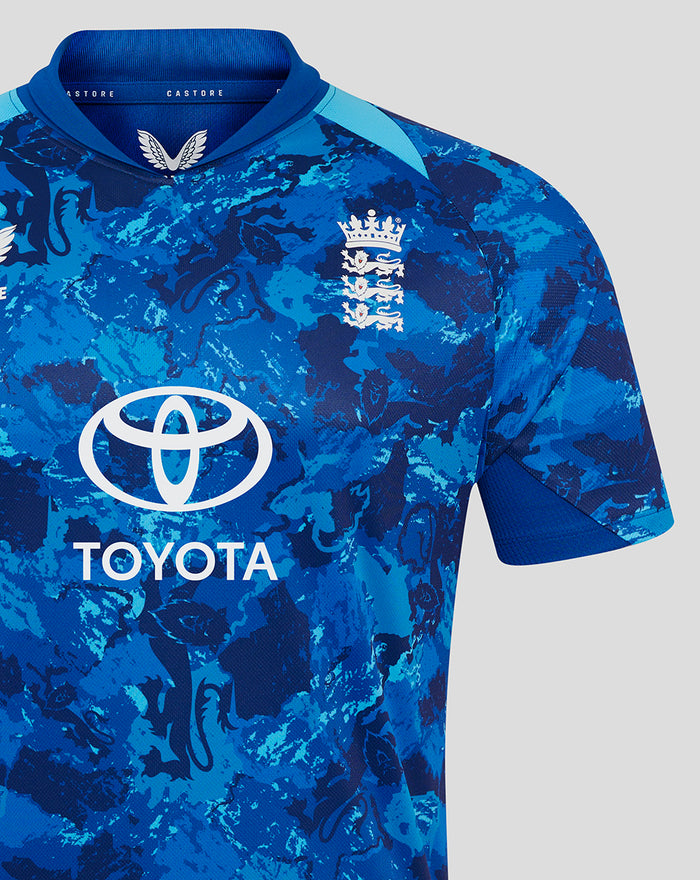 England Men's ODI Short Sleeve Shirt in blue camouflage with Three Lions crest and Toyota sponsor.