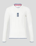 White knitted England test sweater with chest crest and blue and red striped collar trim
