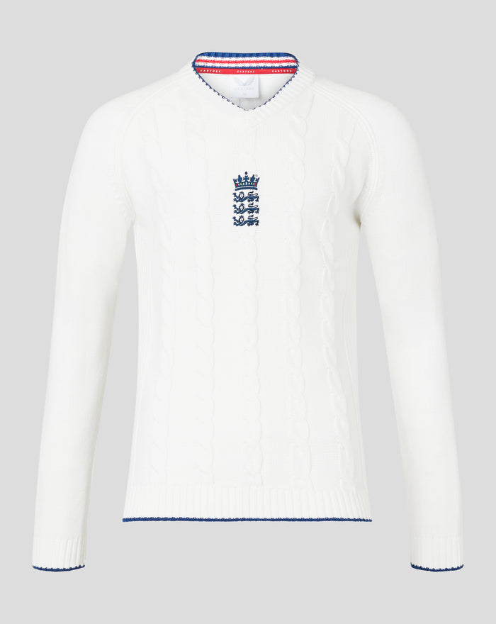White knitted England test sweater with chest crest and blue and red striped collar trim