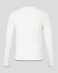 Back view of white cable knit England cricket test sweater with blue and red trim at the collar.
