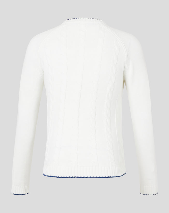 Back view of white cable knit England cricket test sweater with blue and red trim at the collar.