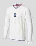 Front view of white England cricket test knitted sweater with crest and red blue striped collar detail.