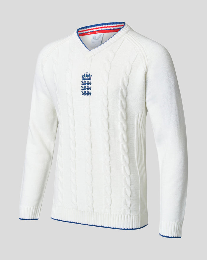 Front view of white England cricket test knitted sweater with crest and red blue striped collar detail.