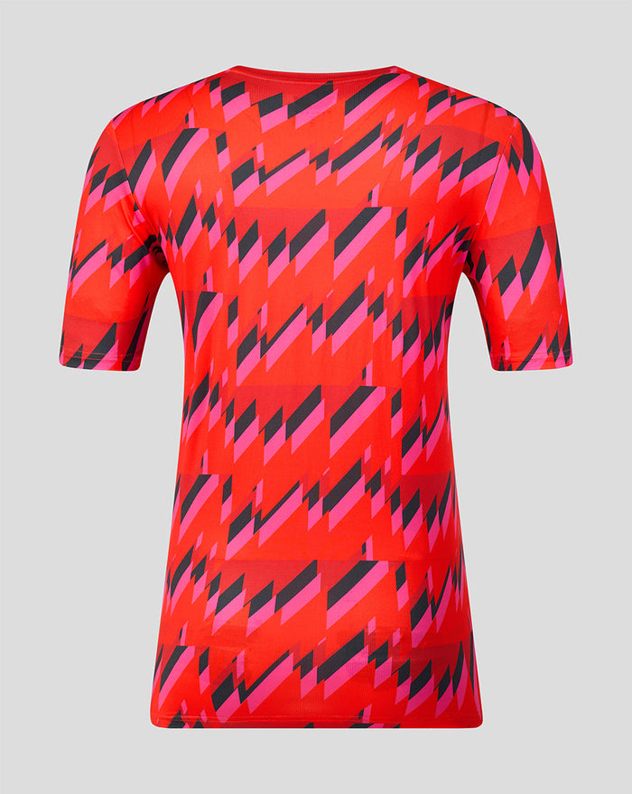 Back view of Welsh Fire The Hundred 2026 short sleeve training T-shirt in red with bold geometric pattern