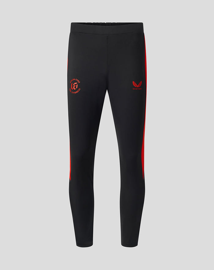 Front view of black Welsh Fire 100 Sub Slim Fit pant with red side panels and branding