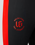Close up of black pant with red side panel and Welsh Fire crest on thigh
